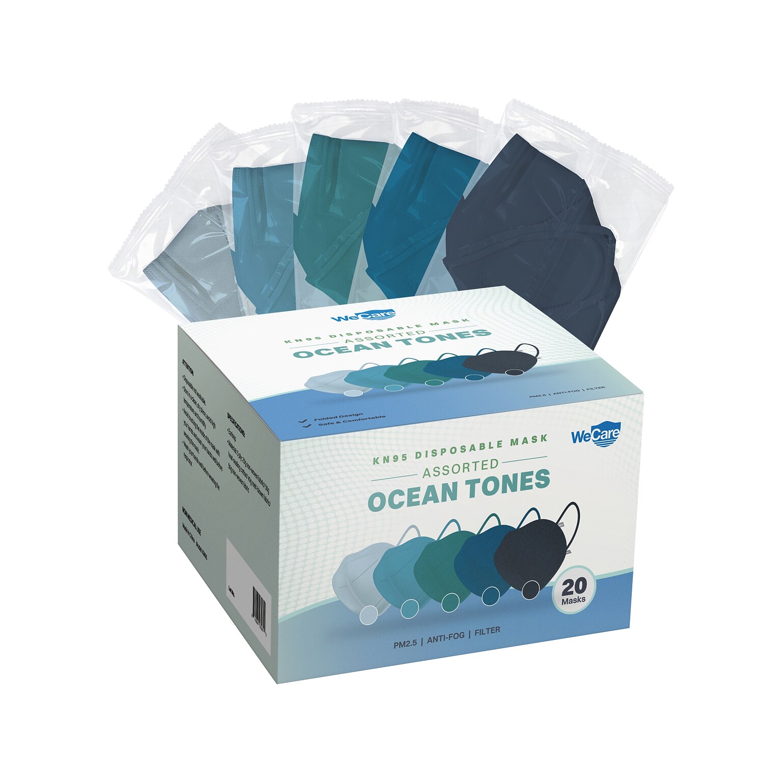 WeCare Ocean Tones Disposable KN95 Fabric Face Masks, One Size, Assorted Colors, 20/Pack, 50 Packs/Carton (TBN203261)