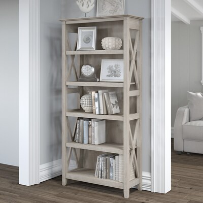 Bush Furniture 66"H 5-Shelf Bookcase with Adjustable Shelves, Washed Gray Laminate (KWB132WG-03)