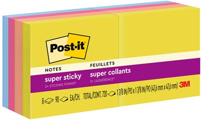 Post-it Super Sticky Notes, 1-7/8 x 1-7/8 in., 8 Pads, 90 Sheets/Pad, 2x the Sticking Power, Summer