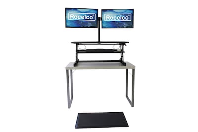 Rocelco 37.5" Height Adjustable Standing Desk Converter with Dual Monitor Arm - Anti Fatigue Mat, Black (R DADRB-DM2-MAF)