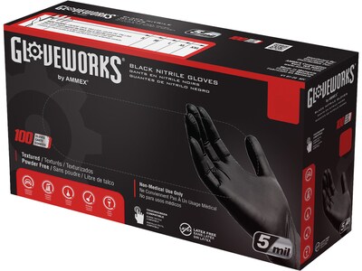 GloveWorks GPNB Nitrile Industrial Grade Gloves, XL, Powder/Latex Free, Black, 100/Box (GPNB48100)