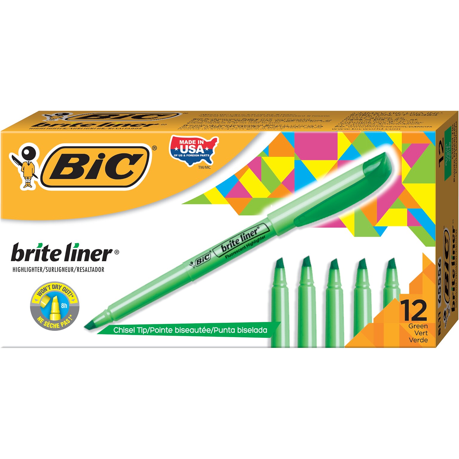 BIC Brite Liner Stick Highlighter, Chisel Tip, Green, 12/Pack (65556/BL11GR)