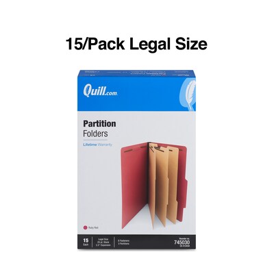 Quill Brand® 2/5-Cut Tab Pressboard Classification File Folders, 3-Partitions, 8-Fasteners, Legal, Red, 15/Bx (7-45030)