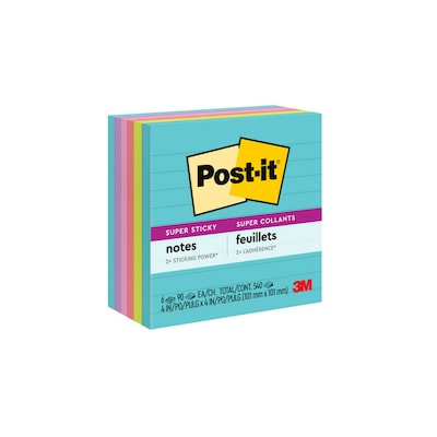 Post-it Super Sticky Notes, 4 x 4 in., 6 Pads, 90 Sheets/Pad, 2x the Sticking Power, Supernova Neons