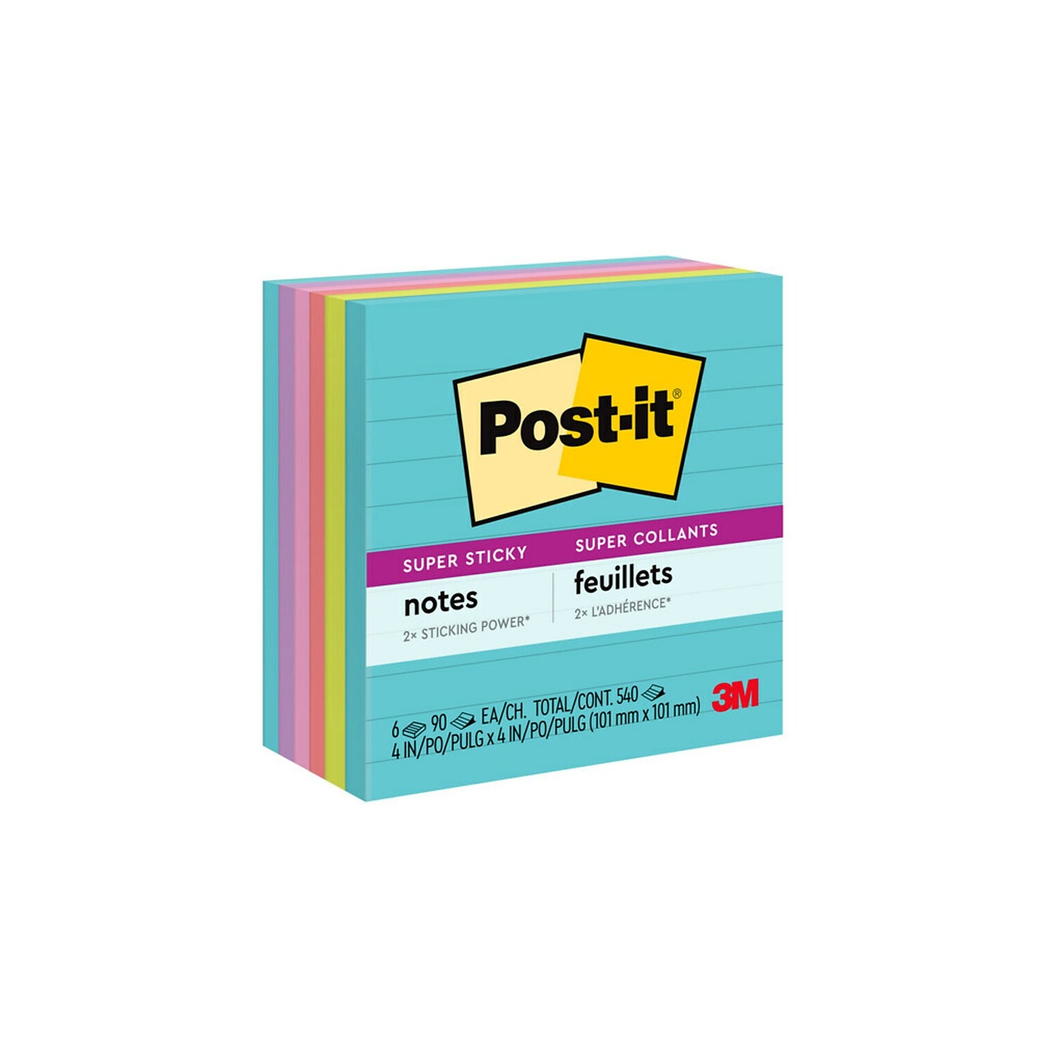 Post-it Super Sticky Notes, 4 x 4 in., 6 Pads, 90 Sheets/Pad, 2x the Sticking Power, Supernova Neons Collection