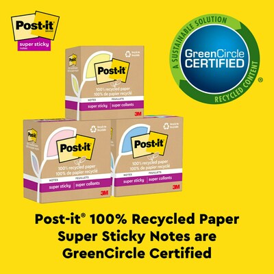 Post-it Recycled Super Sticky Notes, 3 x 3, Canary Collection, 70 Sheet/Pad, 12 Pads/Pack (654R-12