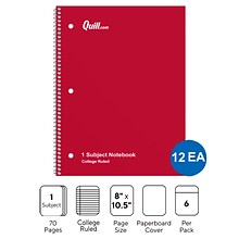 Quill Brand® 1-Subject Notebooks, 8 x 10.5, College Ruled, 70 Sheets, Assorted Colors, 12/Carton (