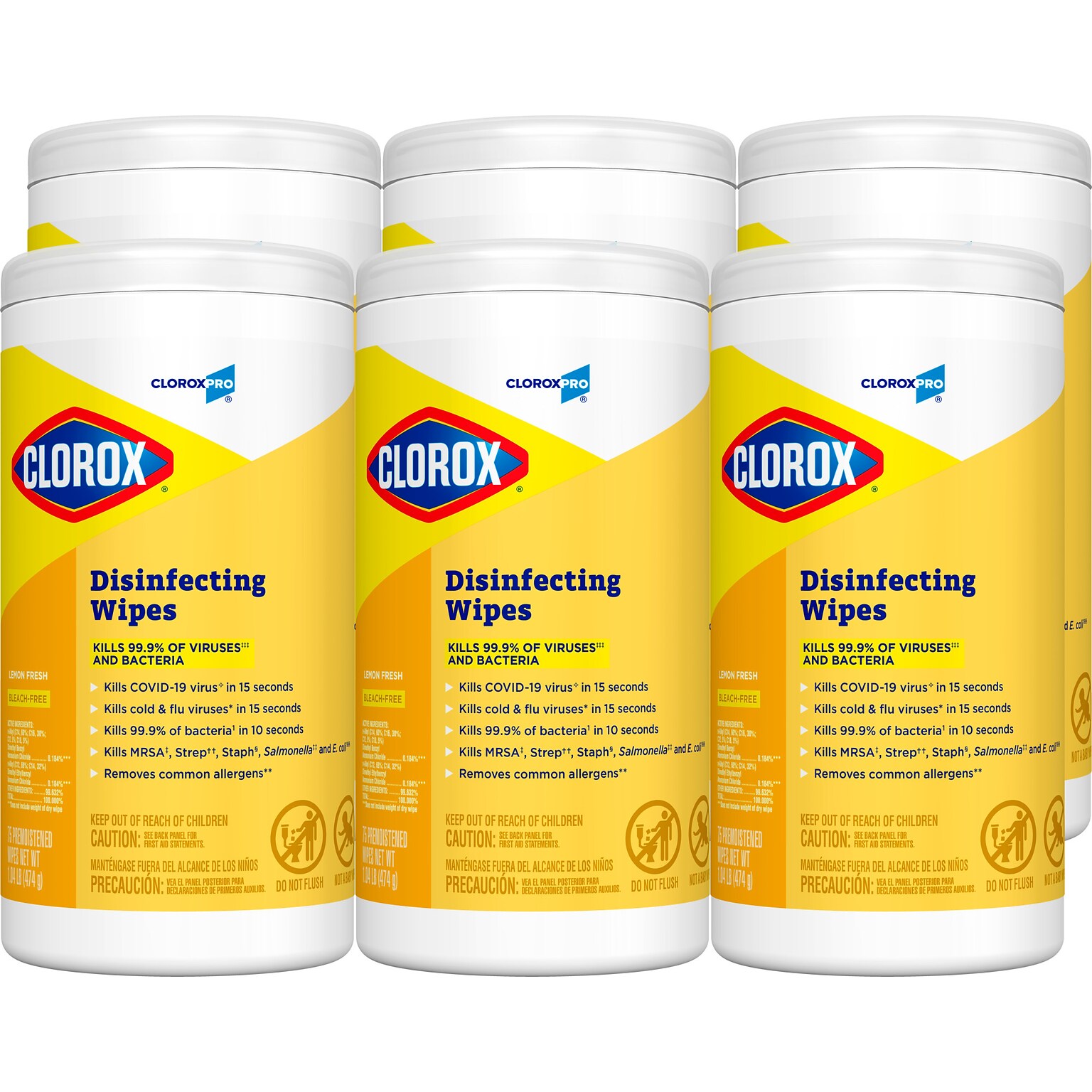 CloroxPro Disinfecting Wipes, Lemon Fresh, 75 Wipes/Container, 6/Carton (CLO15948)
