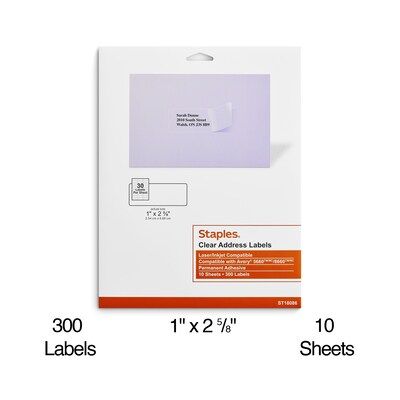 Staples® Laser/Inkjet Address Labels, 1" x 2 5/8", Clear, 30 Labels/Sheet, 10 Sheets/Pack, 300/Box (ST18086-CC)
