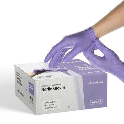 FifthPulse Powder Free Nitrile Gloves, Latex Free, X-Small, Lilac, 50/Box (FMN100385)
