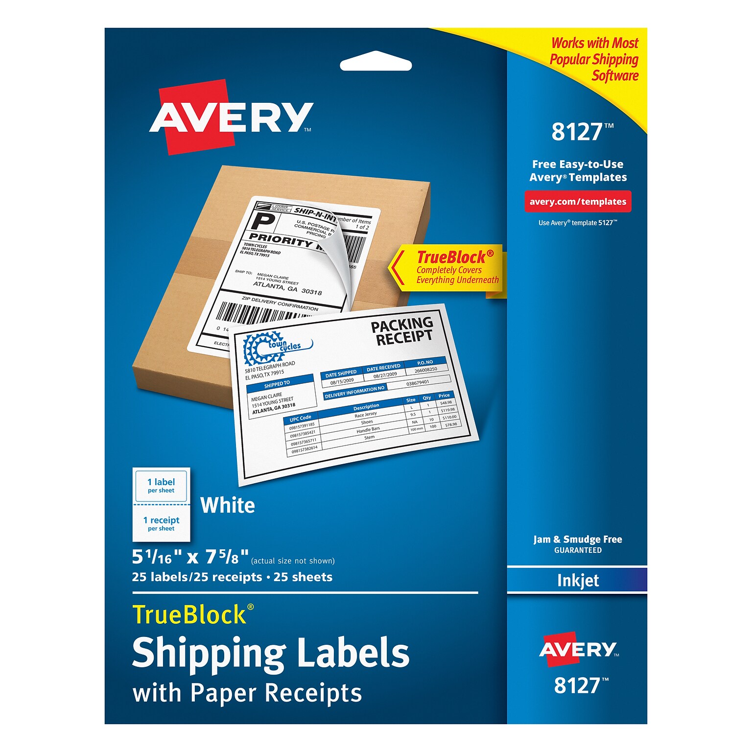 Avery TrueBlock Inkjet Shipping Labels, 5-1/16 x 7-5/8, White, 1 Label/Sheet, 25 Sheets/Pack, 25 Labels/Pack (8127)