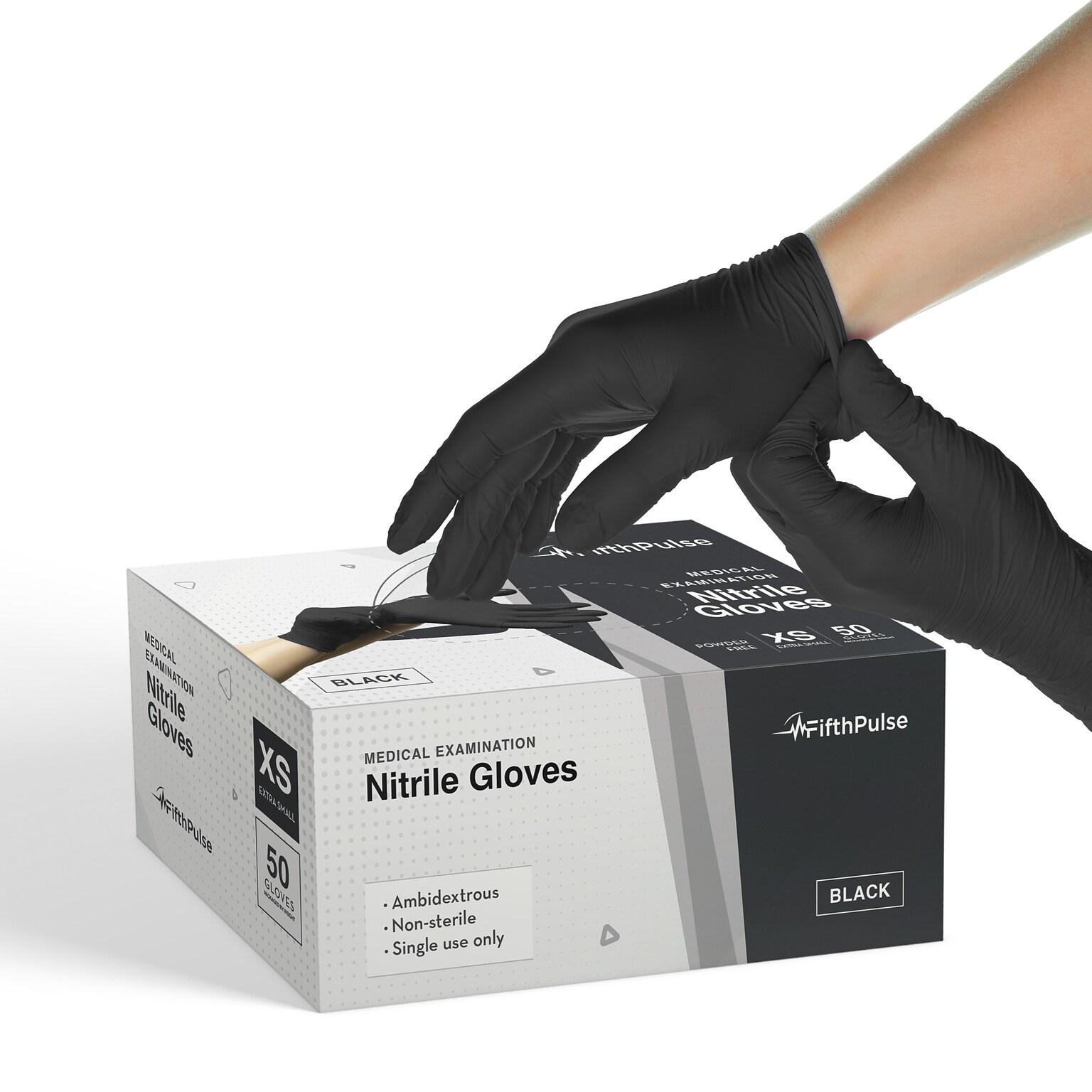 Fifth Pulse Powder Free Nitrile Exam Gloves, Latex Free, XS, Black, 50 Gloves/Box (FMN100383)
