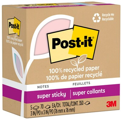 Post-it Recycled Super Sticky Notes, 3 x 3, Wanderlust Pastels Collection, 70 Sheet/Pad, 5 Pads/Pa