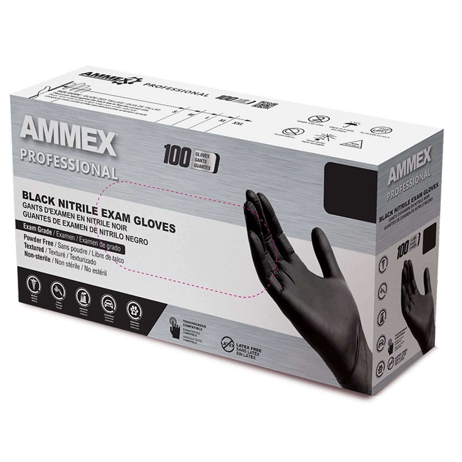 Ammex Professional Series Powder Free Nitrile Exam Gloves, Latex Free, Large, Black, 100/Box (ABNPF46100)