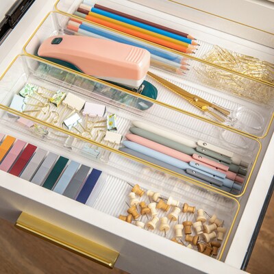 Martha Stewart Kerry Plastic Stackable Office Desk Drawer Organizer, Clear/Gold, 8/Set (BEPB9050G8CG