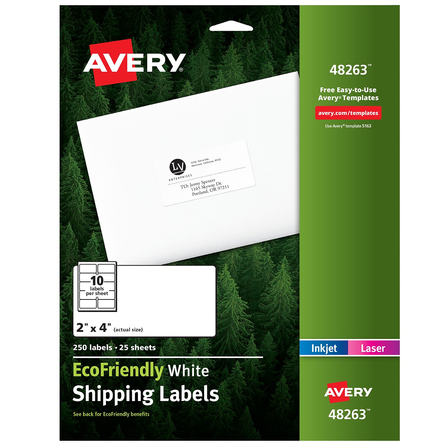 Avery EcoFriendly Laser/Inkjet Shipping Labels, 2 x 4, White, 10 Labels/Sheet, 25 Sheets/Pack, 250 Labels/Pack (48263)