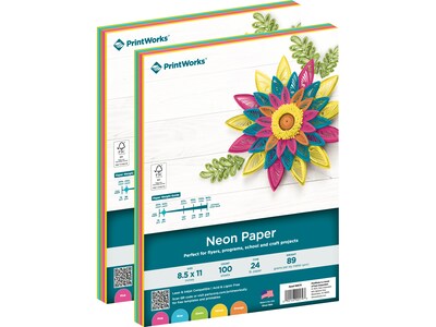 Printworks Colored Paper, 24 lbs., 8.5 x 11, Assorted Neon Colors, 100 Sheets/Ream, 2 Reams/Pack (