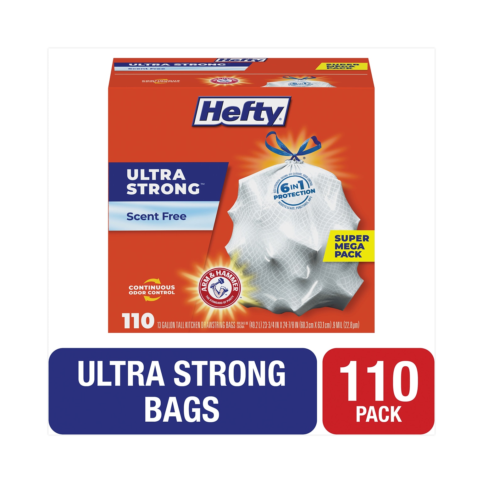 Hefty® Ultra Strong Tall Kitchen and Trash Bags, 13 gal, 0.9 mil, 23.75 x 24.88, White, 110/Box