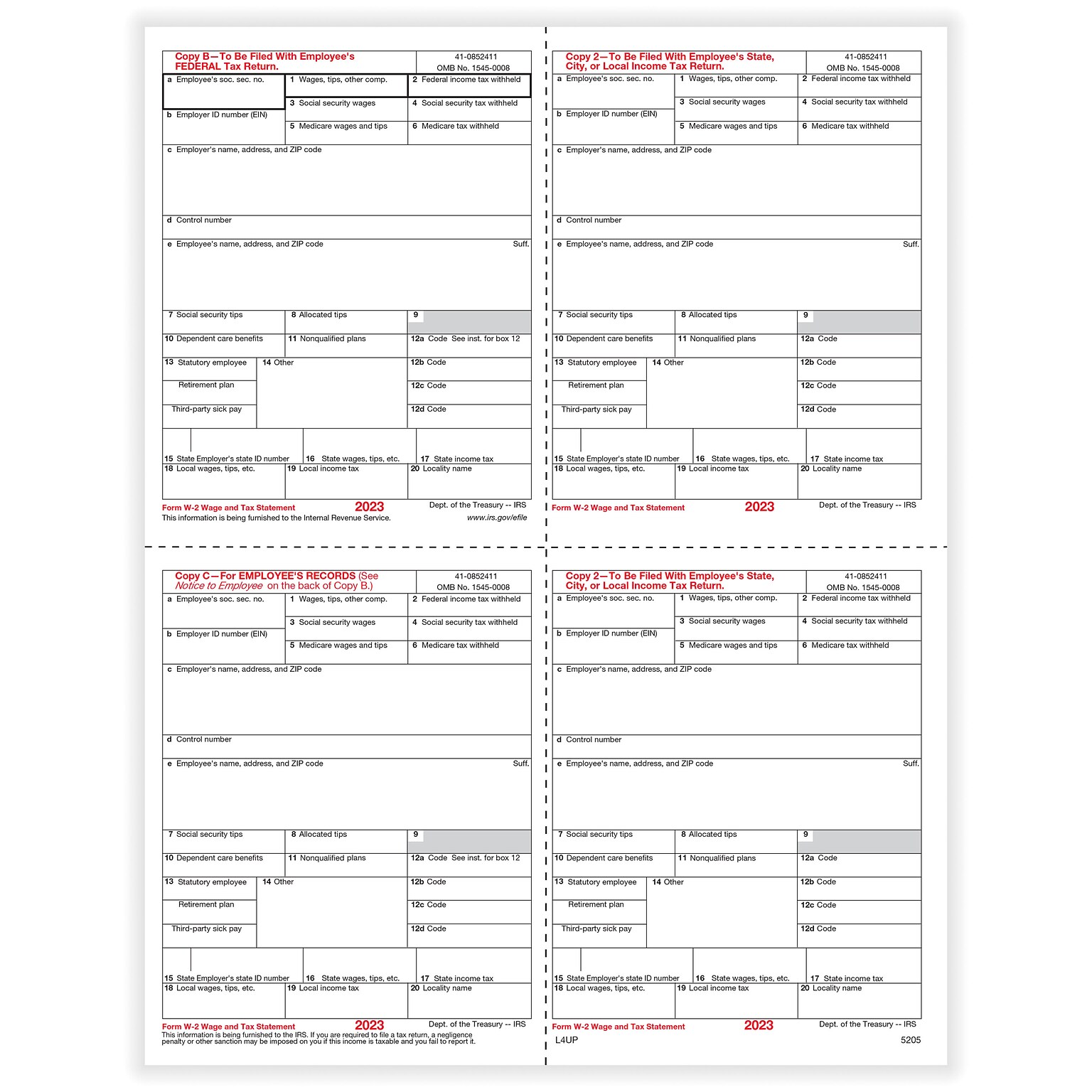 ComplyRight 2023 W-2 Tax Form, 1-Part, 4-Up, Copy B, C, 2, 2, 100/Pack (5205)