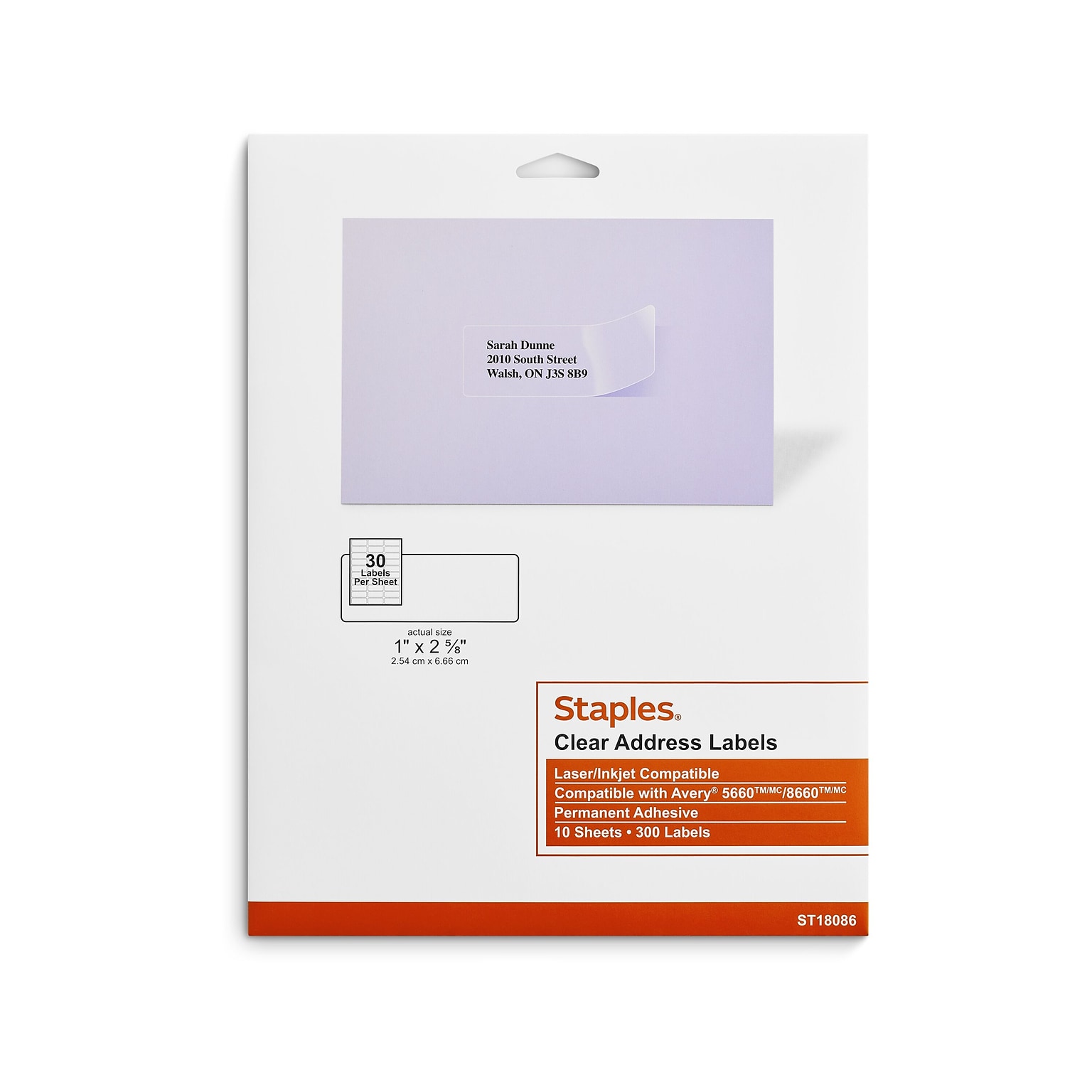 Staples® Laser/Inkjet Address Labels, 1 x 2 5/8, Clear, 30 Labels/Sheet, 10 Sheets/Pack, 300/Box (ST18086-CC)