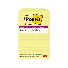 Post-it Super Sticky Notes, 4 x 6, Canary Collection, Lined, 90 Sheet/Pad, 5 Pads/Pack (6605SSCY)
