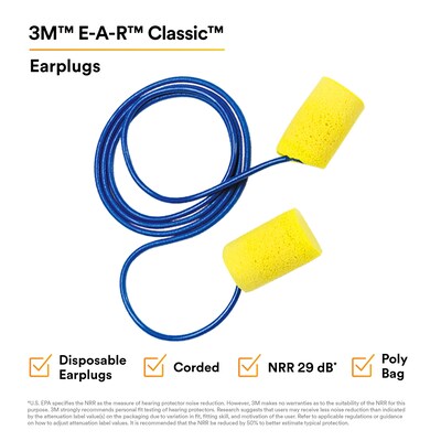 3M E-A-R Classic Earplugs, Corded, Poly Bag, 200 Pairs/Case (311-1101)