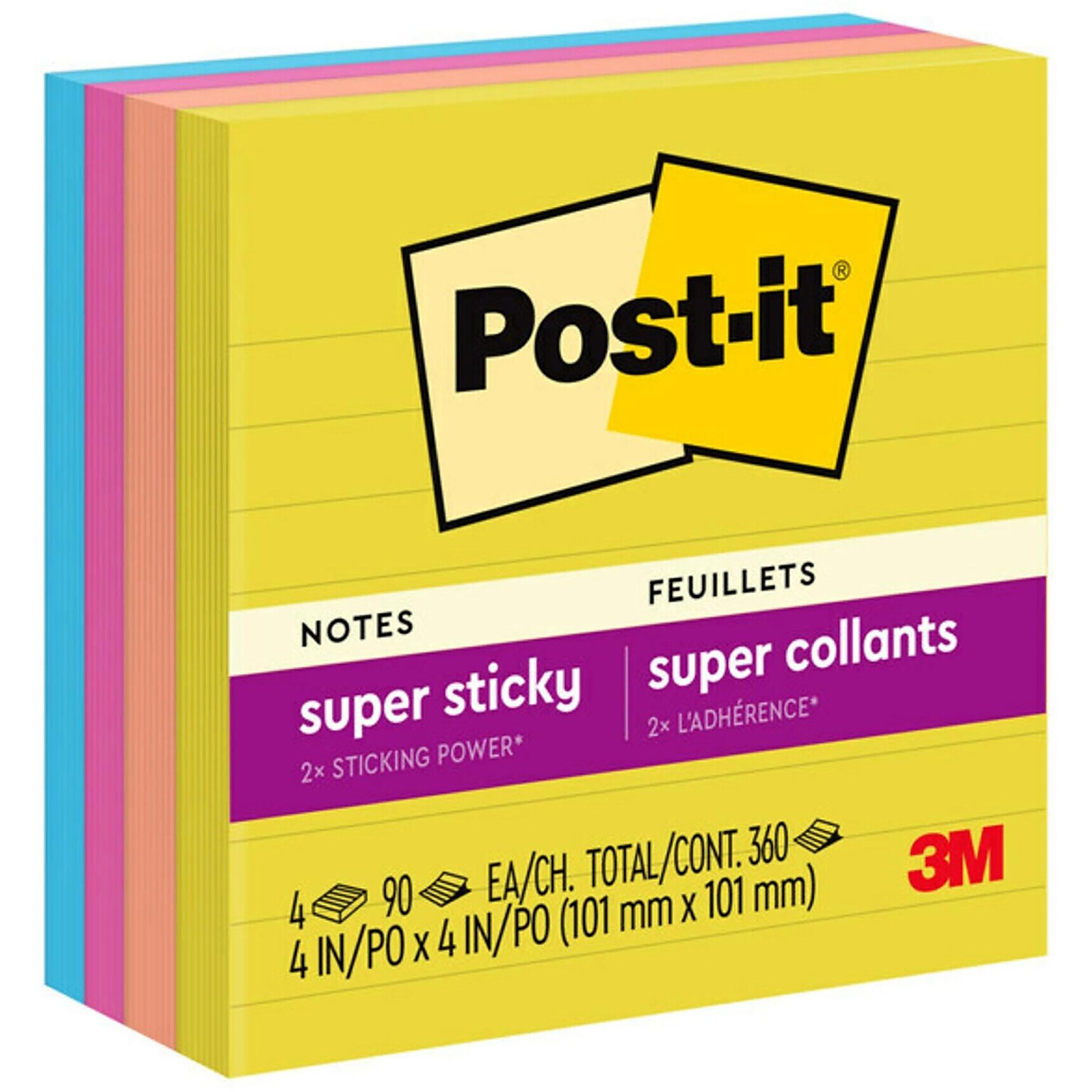 Post-it Super Sticky Notes, 4 x 4, Summer Joy Collection, Lined, 90 Sheet/Pad, 4 Pads/Pack (675-4SSJOY)
