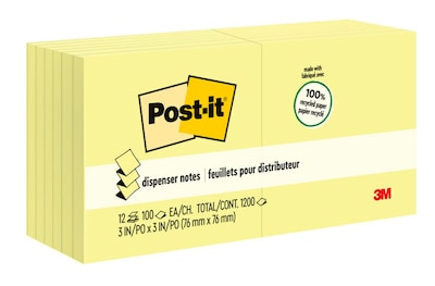 Post-it Recycled Pop-up Notes, 3 x 3, Canary Collection, 100 Sheet/Pad, 12 Pads/Pack (R330RP12YW)