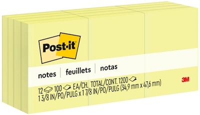 Post-it Sticky Notes, 1-3/8 x 1-7/8 in., 12 Pads, 100 Sheets/Pad, The Original Post-it Note, Canary