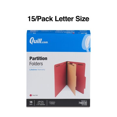 Quill Brand® 2/5-Cut Tab Pressboard Classification File Folders, 1-Partition, 4-Fasteners, Letter, Red, 15/Box (746030)