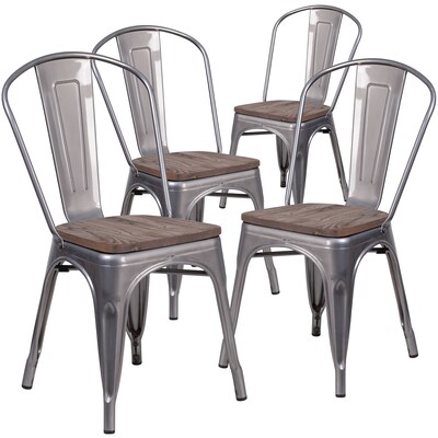 Flash Furniture Lincoln Contemporary Metal/Wood Stackable Dining Chair, Clear Coat, 4/Pack (4XUDGTP0