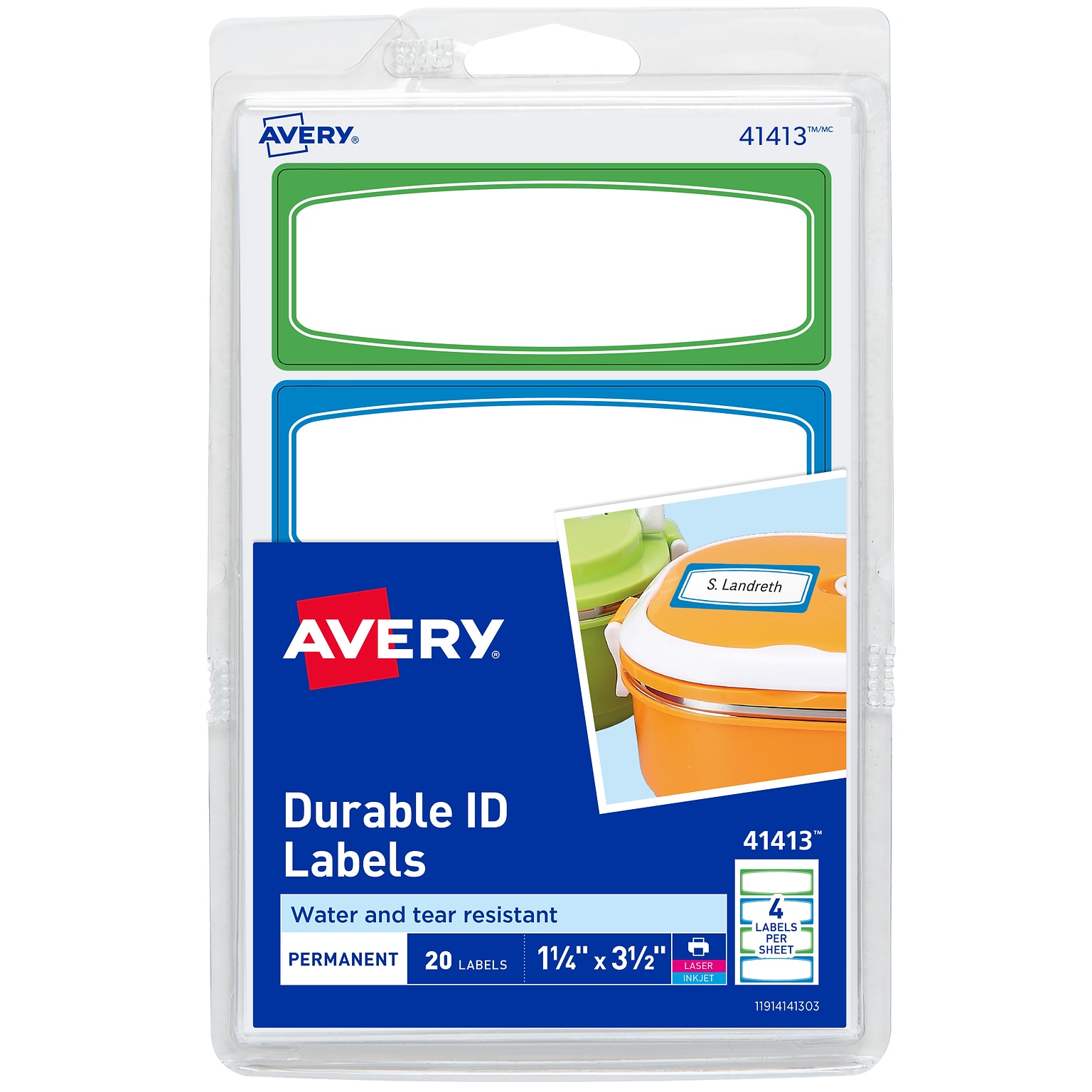 Avery Water-Resistant Laser/Inkjet ID Labels, 1-1/4 x 3-1/2, Assorted Border Colors, 4 Labels/Sheet, 20 Labels/Pack (41413)