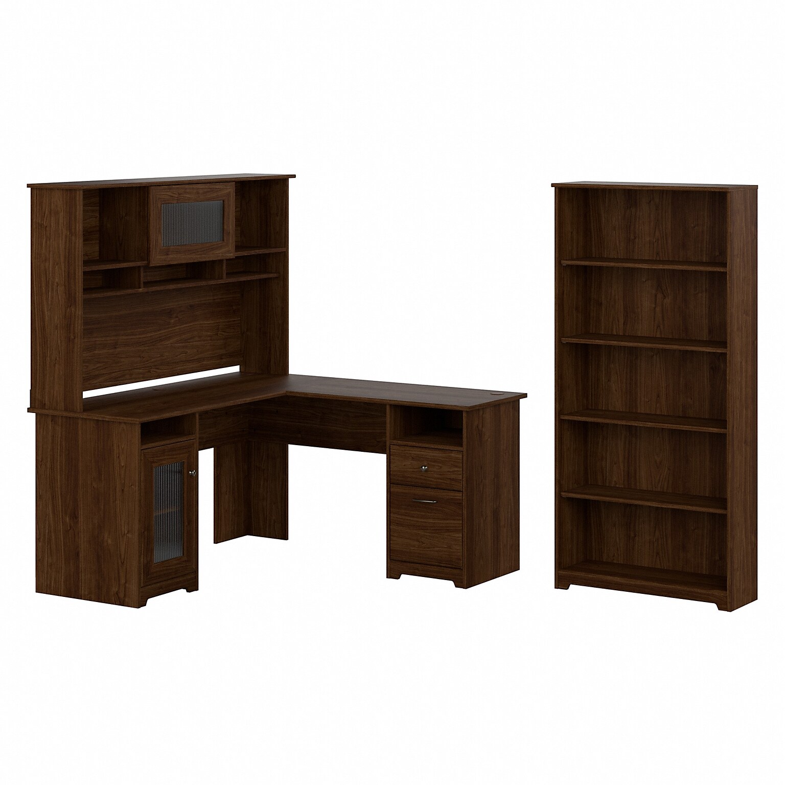 Bush Furniture Cabot 60W L Shaped Computer Desk with Hutch and 5 Shelf Bookcase, Modern Walnut (CAB011MW)