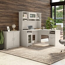 Bush Furniture Cabot 60 L-Shaped Desk with Hutch and Small Storage Cabinet, Linen White Oak (CAB016