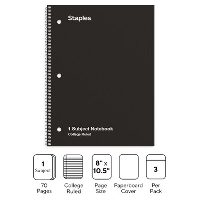 Staples 1-Subject Notebook, 8.5" x 10.5", College Ruled, 70 Sheets, Black, 3/Pack (ST58373)