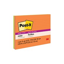 Post-it Super Sticky Notes, 8 x 6, Energy Boost Collection, Lined, 45 Sheet/Pad, 4 Pads/Pack (6845