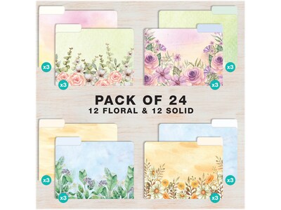 Global Printed Products Deluxe Designer Watercolor Floral Heavy-Duty File Folders, 1/3-Cut Tab, Assorted Colors, 24/Pack