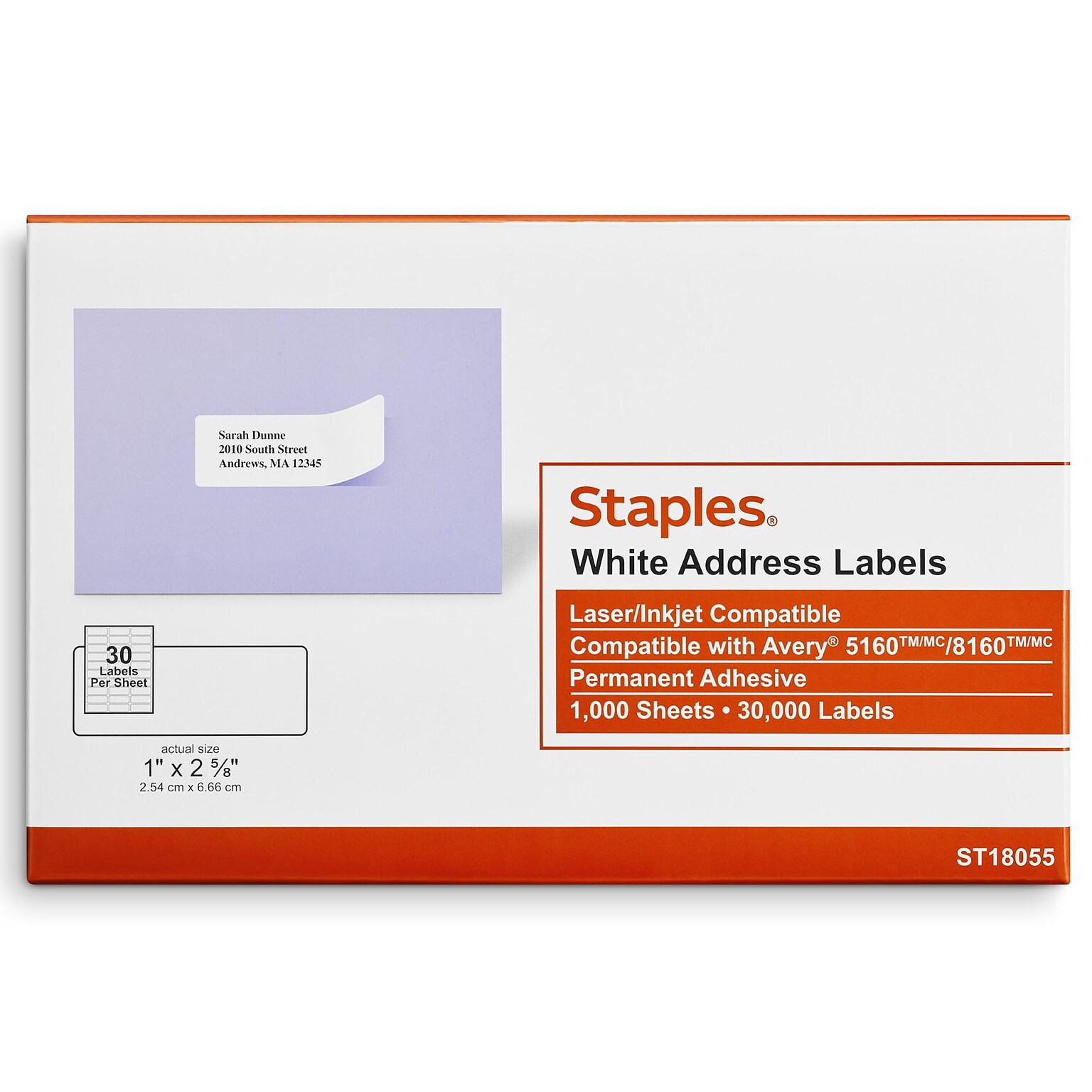 Staples® Laser/Inkjet Address Labels, 1 x 2 5/8, White, 30 Labels/Sheet, 1000 Sheets/Pack, 30,000 Labels/Box (ST18055-CC)