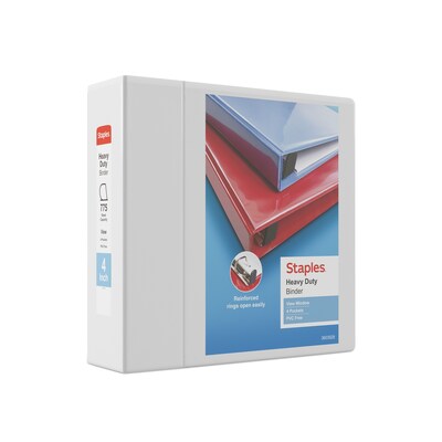 Staples Heavy Duty 4 3-Ring View Binder, D-Ring, White (ST56266-CC)