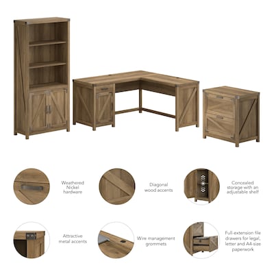 Bush Furniture Knoxville 60"W L Shaped Desk with Lateral File Cabinet and 5 Shelf Bookcase, Reclaimed Pine (CGR005RCP)