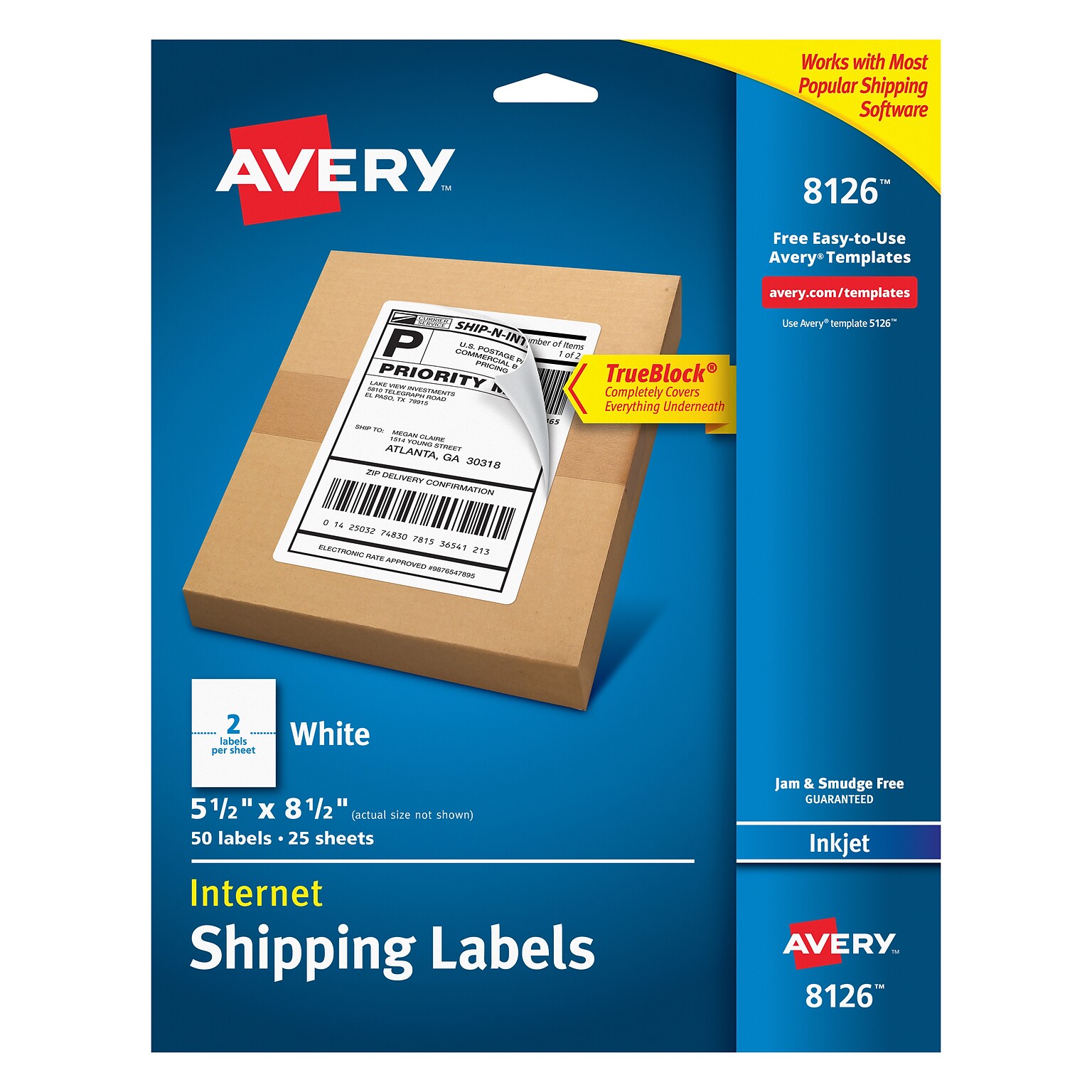 Avery TrueBlock Inkjet Shipping Labels, 5-1/2 x 8-1/2, White, 2 Labels/Sheet, 25 Sheets/Pack (8126)