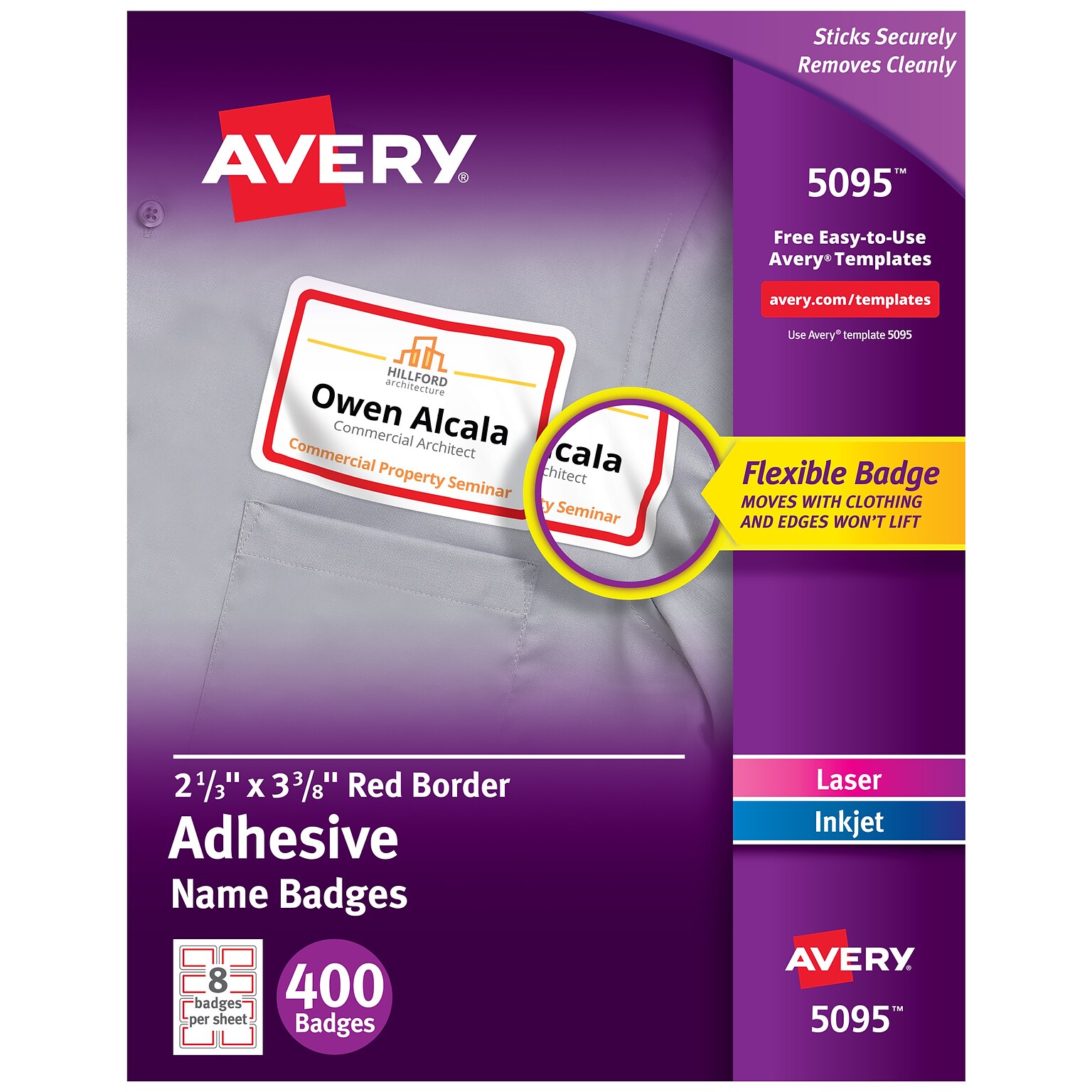 Avery Flexible Laser/Inkjet Name Badge Labels, 2 1/3 x 3 3/8, White with Red Border, 400 Labels Per Pack (5095)
