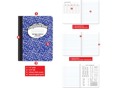 Better Office 1-Subject Composition Notebooks, 7.5" x 9.75", Wide Ruled, 100 Sheets, Assorted Colors, 4/Pack (25204-4PK)