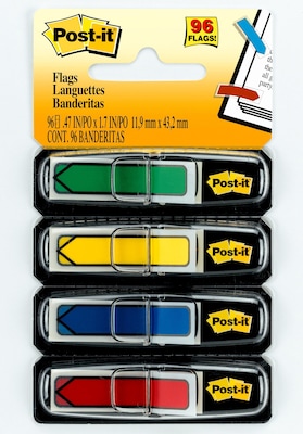 Post-it® Arrow Flags, 0.47 Wide, Assorted Primary Colors, 96 Flags/Pack (684-ARR3)