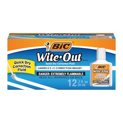 BIC Wite-Out Quick Dry Correction Fluid, 20ml., White, 12/Pack (WOFQD12-WHT)