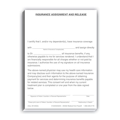 Medical Arts Press® Insurance Assignment Release Pad