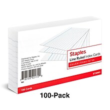 Staples 3 x 5 Index Cards, Narrow Ruled, White, 100/Pack (TR50993)