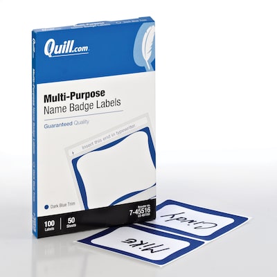 Quill Brand Self Adhesive Name Badges, 2-1/2 x 3-1/2, White/Blue, 2 Labels/Sheet, 50 Sheets/Pack (