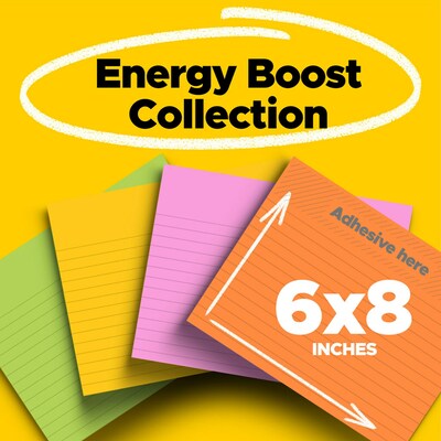 Post-it Super Sticky Notes, 8" x 6", Energy Boost Collection, Lined, 45 Sheet/Pad, 4 Pads/Pack (6845-SSPL)