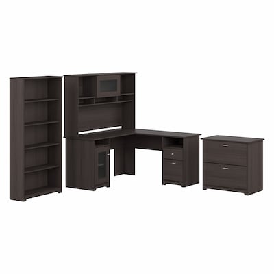 Bush Furniture Cabot 60W L Shaped Computer Desk with Hutch, File Cabinet and Bookcase, Heather Gray